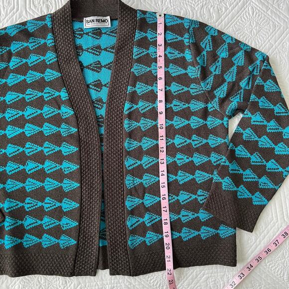 San Remo Knits Open Sweater Cardigan Charcoal Grey Blue Geo Large - Picture 7 of 9